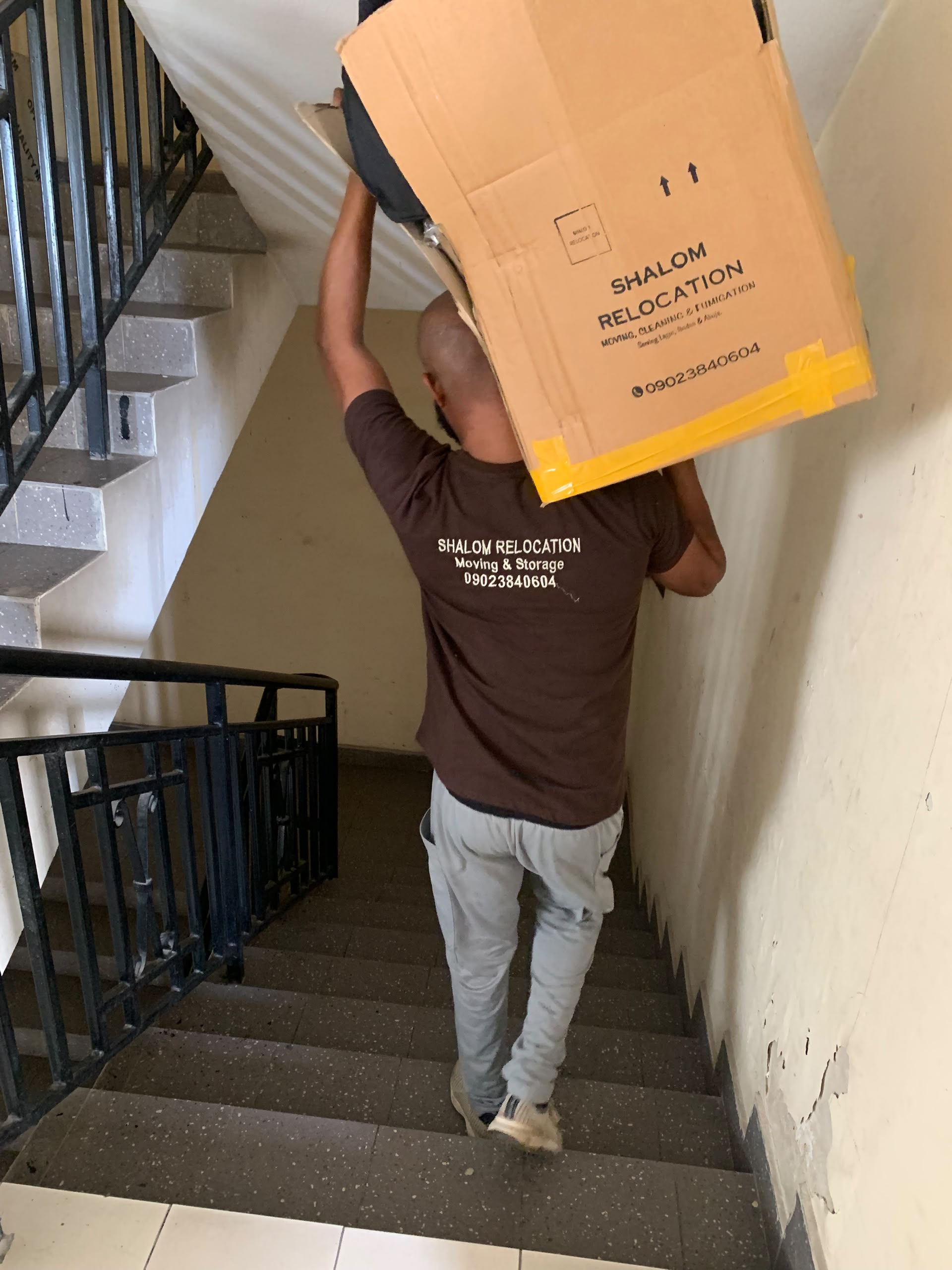 A team member carrying a packed box along a staircase.